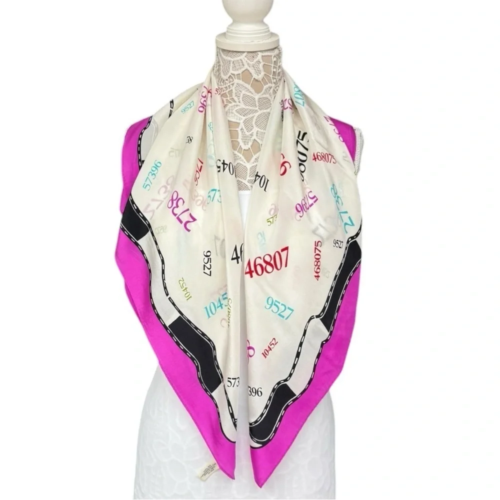 Vintage Zip Code Printed Silk Scarf 35” x 34” Multicolor Pink Magenta Realtor